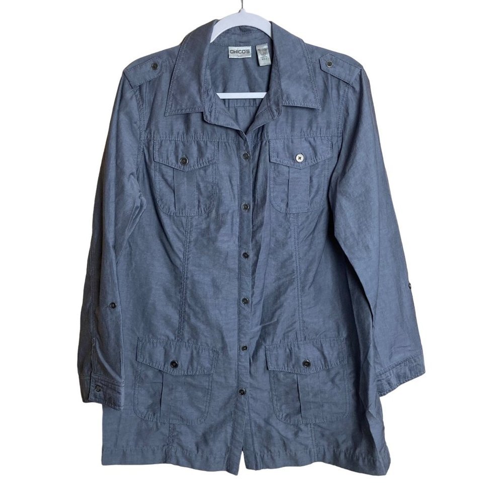 Chico's Women Sz 2 Large Blue Gray Adjustable Wrist Cargo Shirt Jacket Shacket